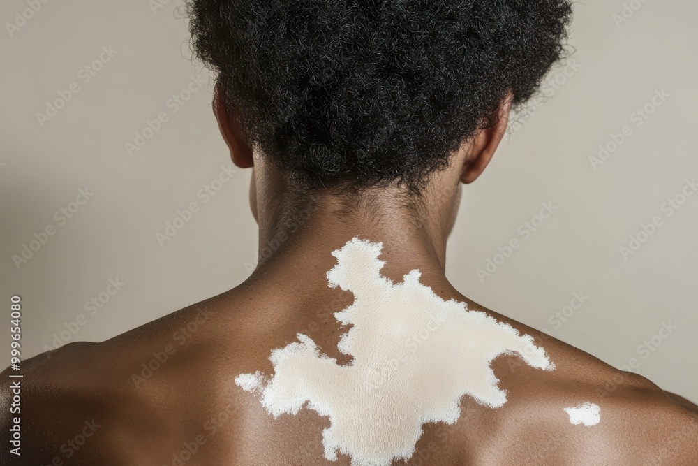 Poster a close-up of a person's back showing a unique skin condition with a light patch.
