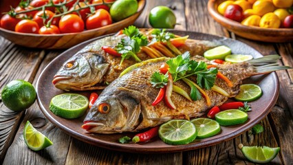 Crispy fried mojarras served on a colorful plate with fresh vegetables and zesty lime wedges for a delicious and flavorful dining experience.