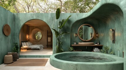 Green open-air bath retreat with tropical elements and modern design