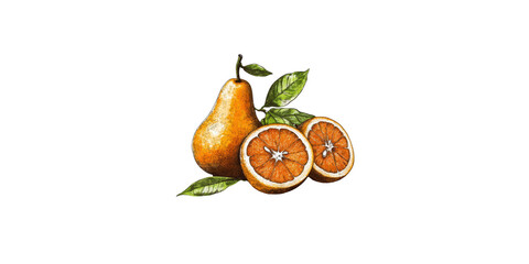 vibrant illustration of pear and sliced orange, showcasing their rich colors and textures. leaves add fresh touch, enhancing overall appeal of this fruit composition