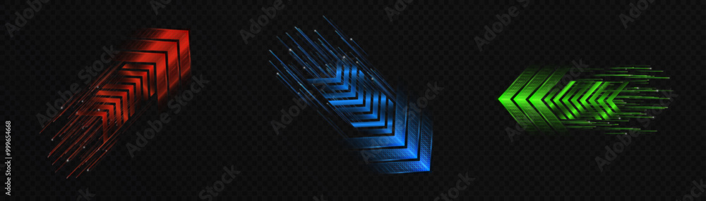 Poster set of abstract high speed bright colorful glowing arrows, modern arrow light speed effect on black 