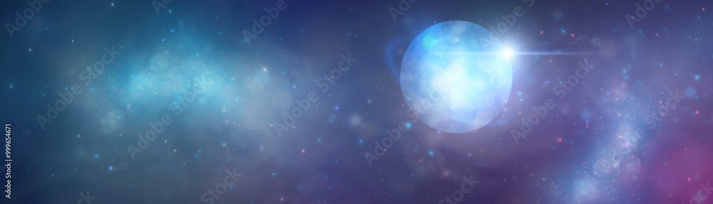 Poster Realistic planet with liquid surface texture. Vector spatial horizontal illustration of blue planet in space. Planet view from satellite in outer space.