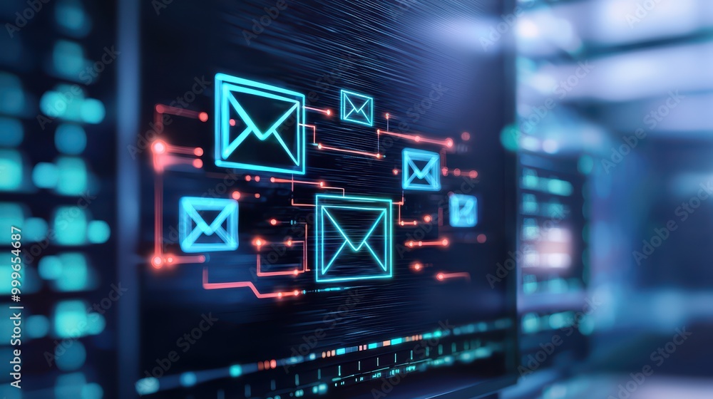 Poster digital concept of email communication with interconnected mail icons on a tech-inspired background.