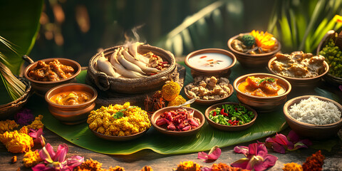 Traditional Indian Feast with Exotic Dishes and Spices on a Banana Leaf in a Tropical Setting