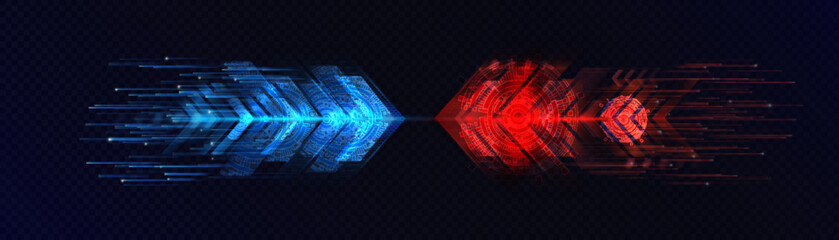 Direction of light arrow, opposition of two forces. Template of light arrow of blue and red glow to determine direction. Vector on transparent background