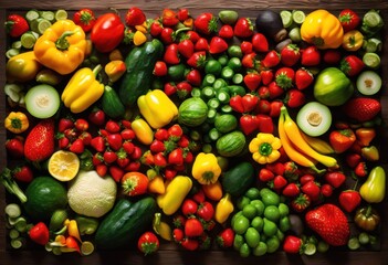 vibrant flat lay fresh fruits vegetables artfully arranged displaying spectrum rich colors textures lively culinary presentation, abundance, artistic