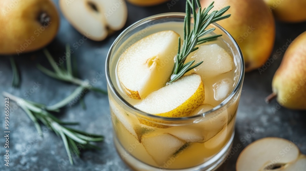 Canvas Prints A refreshing drink with pear slices and rosemary, surrounded by fresh pears.