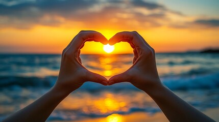 Unity and Compassion: Hands Forming Heart Shape at Sunset Close-Up