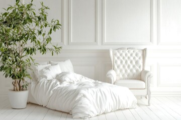 Elegant White Bedroom Interior with Armchair and Modern Decor
