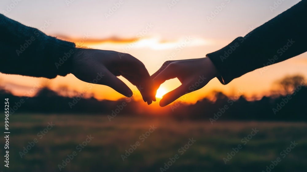 Poster Two hands forming a heart shape against a sunset backdrop in a serene landscape.