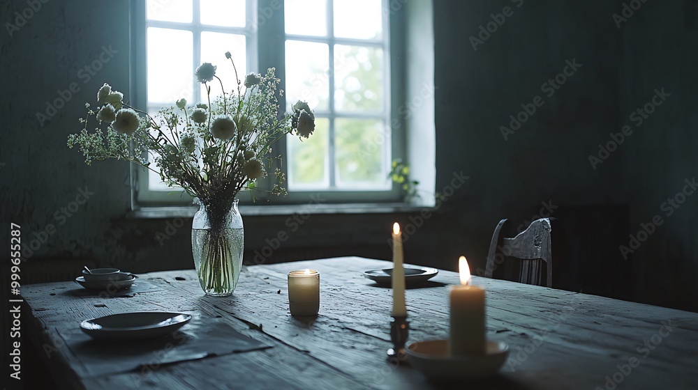 Poster a rustic wooden table set with candles and a vase of flowers in front of a window.