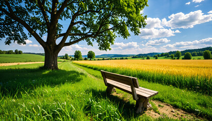 Obraz premium Banc sous l'arbre dans la campagne ensoleillée