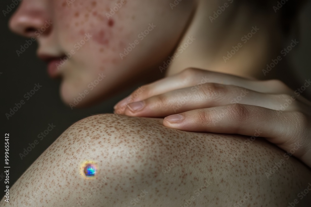 Aufkleber a close-up of a shoulder with freckles and a hand gently resting on it.