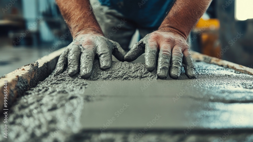 Poster a person smoothing wet concrete on a construction site for a building project.