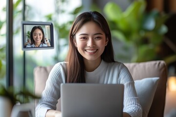 Cheerful young woman participating in a virtual team meeting while working remotely, embodying the flexible work culture. An Asian digital nomad smiles as she freelances on her laptop from home, with 