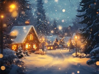 Cozy Snow-Covered Cottage with Christmas Lights and Snowfall