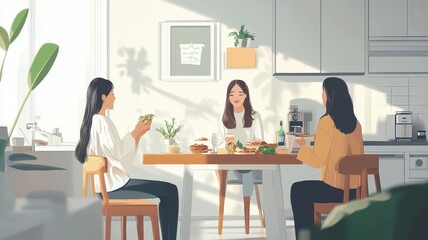 Vector of Group Of Female Friends talking and eating In Lunch Restaurant,Small girl group party,people busy talk smile eat brunch food drink in cafe,sitting and chatting,enjoy,happy time,friendship.