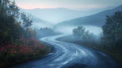 Fototapeta premium A winding road through misty mountains, surrounded by trees and colorful flowers.