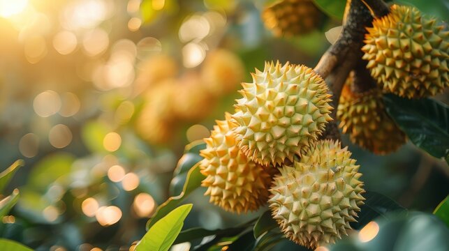Fresh musang king durian on tree in orchard, tropical fruit.