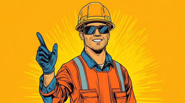 Smiling construction worker pointing up in a retro comic style.