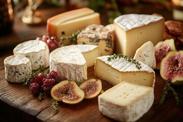 A variety of cheeses displayed on a wooden board with fruits and herbs for a gourmet spread.