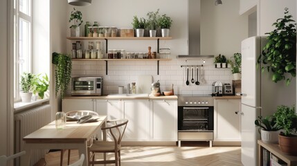 Fototapeta premium Modern Minimalist Kitchen with Natural Light and Greenery