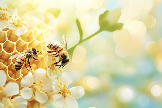 Two busy bees collecting pollen and entering honeycomb on a sunny day, with a blurred green and blue background, capturing the beauty of nature in spring