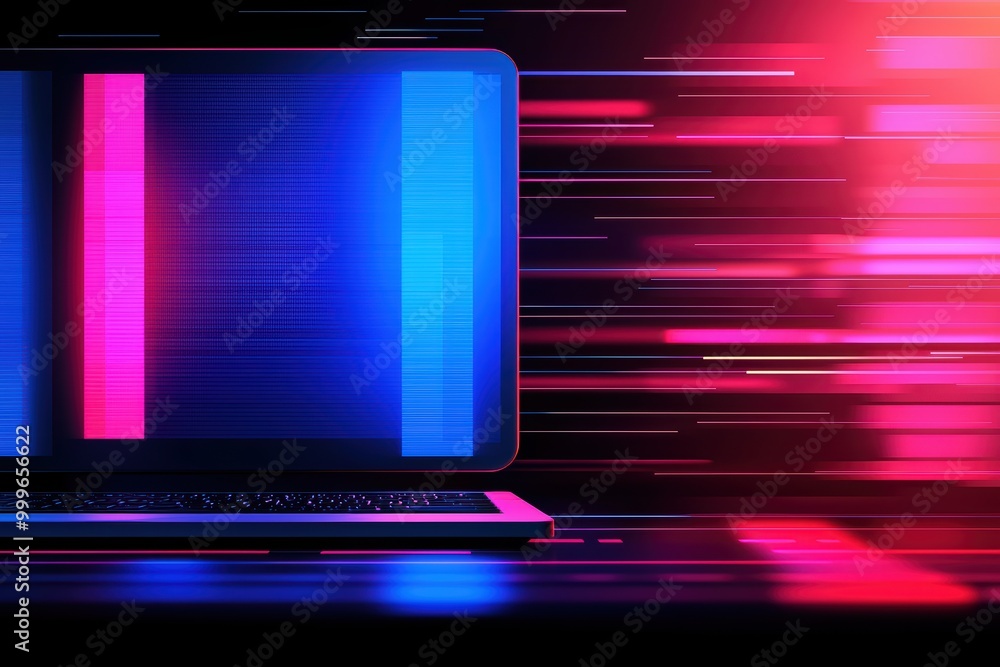 Poster laptop computer with glowing screen and colorful light trails, representing digital speed and innova
