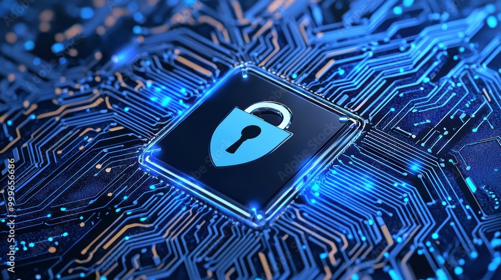 Poster lock symbol on a microchip background, representing cybersecurity and data protection.