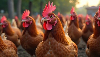  Vibrant flock of roosters in a field ready for the days sunrise