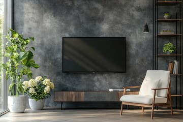Modern Living Room Interior with TV Cabinet, Armchair, Shelf, and Green Plant on Concrete Wall Background