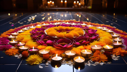 Rangoli with Vibrant Petals and Floating Diyas
