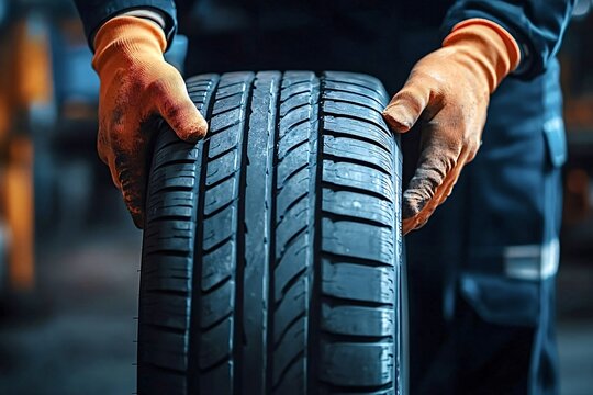 Mechanic inspects a car tire closely at an auto repair workshop, ensuring safety and performance
