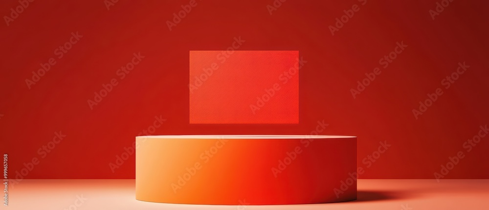 Poster minimalist red podium with a floating square on a vibrant red background, showcasing innovative desi