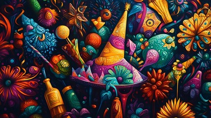 Colorful abstract party scene with festive hats, champagne, and vibrant decorations, digital art