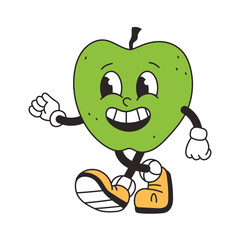 Retro groovy character green apple. Funny vintage mascot vector element. Food, fruit. Cartoon vector illustration