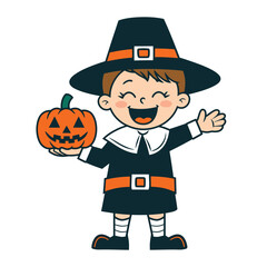 Happy child in witch costume holding jack-o-lantern cartoon illustration