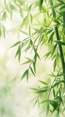 Gentle sunlight filters through lush bamboo leaves in a serene green landscape