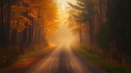 Obraz premium A serene autumn road surrounded by colorful trees in a misty atmosphere.