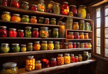 captivating display colorful preserved foods nicely organized shelves showcasing various jars containers, appetizing, baskets, collection, condiments, craft