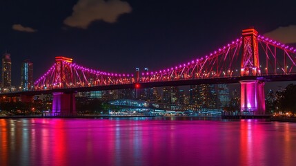 Naklejka premium A vibrant night view of a bridge illuminated with colorful lights over a calm waterway.