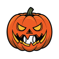 Halloween pumpkin jack o' lantern biting baseball illustration