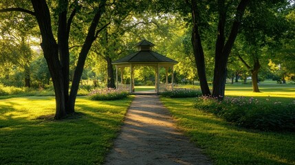 Obraz premium A serene pathway leading to a gazebo surrounded by lush greenery and flowers.