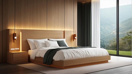 Elegant wood headboard in a luxury bedroom, modern design, soft white linens, warm lighting, large windows with a breathtaking view, calm and serene environment