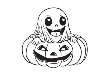 Ghost, Halloween, cartoon, cute, spooky, autumn, leaves, pumpkin, jack-o'-lantern, book, reading, coffee, mug, heart, smiling, friendly, playful, character, illustration, black and white, line art, ve