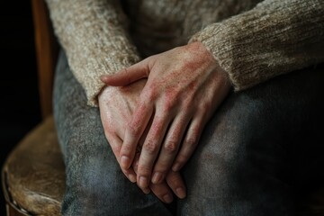 Fototapeta premium A close-up of hands resting on knees, showcasing skin texture and possible irritation.