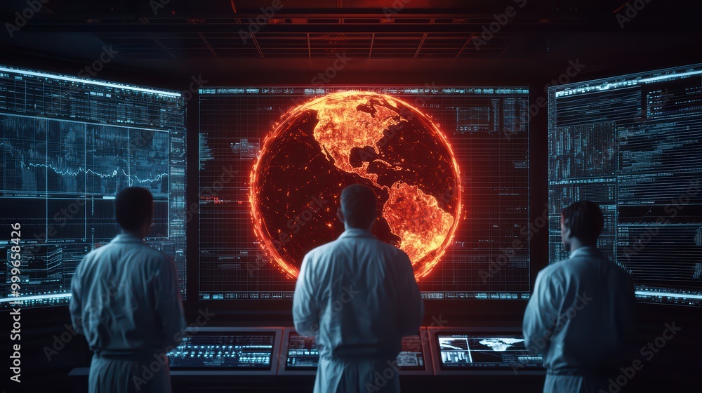 Poster scientists observe a digital representation of earth amid data screens and glowing visuals.