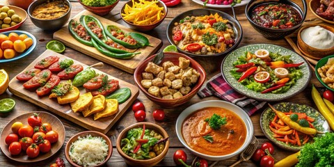 Fototapeta premium A vibrant spread of dishes decorates the table at a potluck gathering, showcasing an array of flavors and tempting aromas, inviting everyone to indulge.