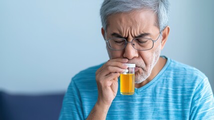 Fototapeta premium Senior man analyzing urine sample in a small vial, concerned expression, indoor setting.