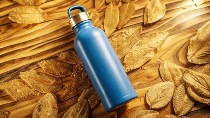 Isolated Minimalist Mockup of a Blank Blue Water Bottle Thermos, Set Against a Clean White Background.